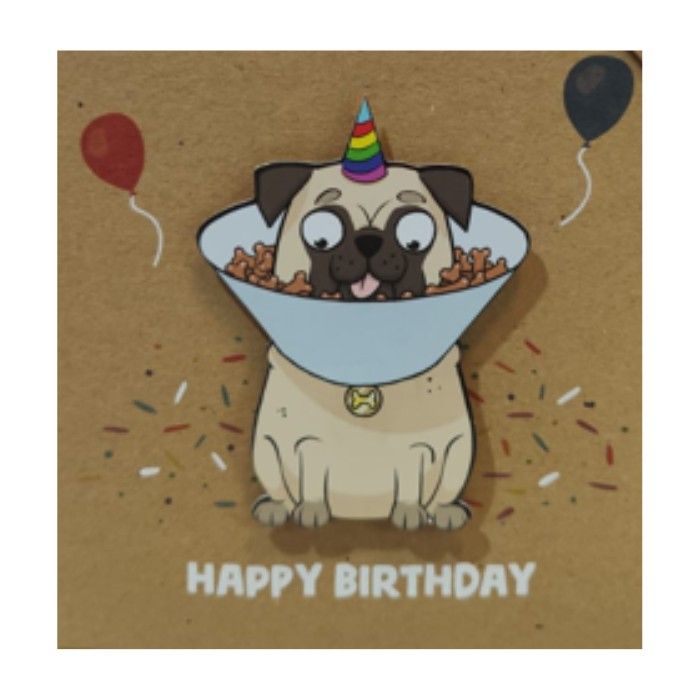 Tache Happy Birthday Greeting Card Blank Inside, Party Pug Dog Design - Image 1