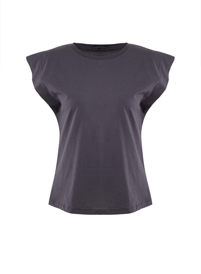 trendyol Anthracite 100% Cotton Wadding Look Basic Crew Neck Knitted T-Shirt - Image 5