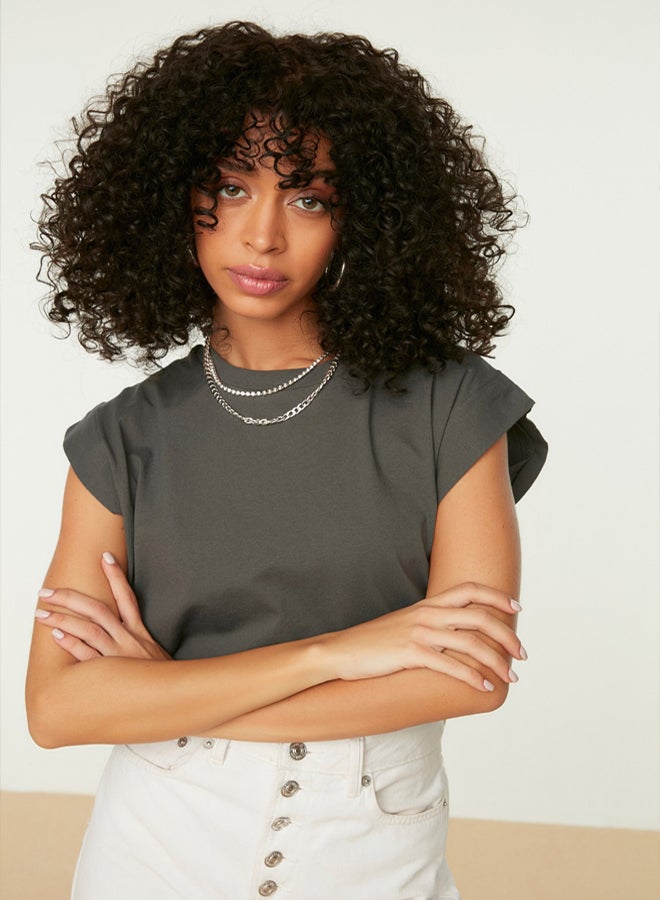 trendyol Anthracite 100% Cotton Wadding Look Basic Crew Neck Knitted T-Shirt - Image 1