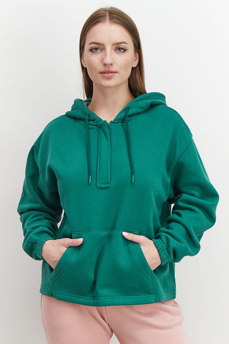 XOXO Women Sportswear Fit Hooded Plain Outdoor Sweatshirt, Green - Image 1