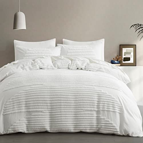 BEDAZZLED Queen Size Duvet Cover, 5 Pieces White Textured Duvet Cover Sets, Soft and Breathable Boho Tufted Bedding Comforter Cover Set for Gifts, Comforter Not Included - Image 1
