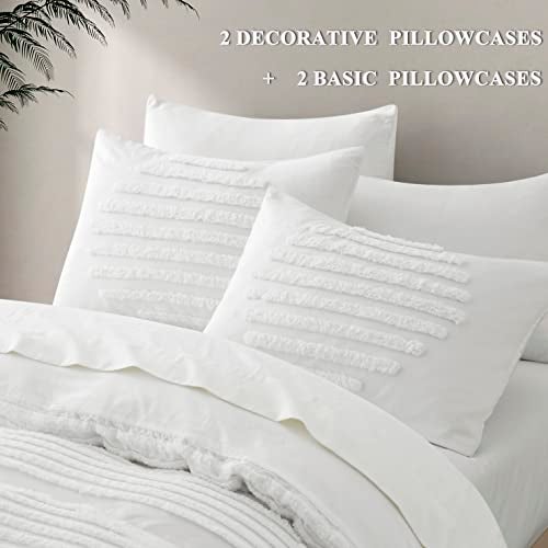 BEDAZZLED Queen Size Duvet Cover, 5 Pieces White Textured Duvet Cover Sets, Soft and Breathable Boho Tufted Bedding Comforter Cover Set for Gifts, Comforter Not Included - Image 3