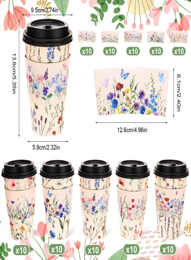 Ovveroche 50 Pack 16Oz Vintage Floral Disposable Coffee Cups with Lids and Sleeves Flower To Go Coffee Spring Paper Cups for Tea Party Birthday Weddings Baby Shower - Image 2