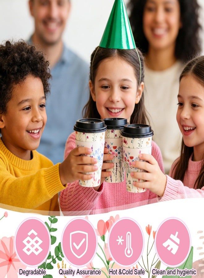 Ovveroche 50 Pack 16Oz Vintage Floral Disposable Coffee Cups with Lids and Sleeves Flower To Go Coffee Spring Paper Cups for Tea Party Birthday Weddings Baby Shower - Image 3