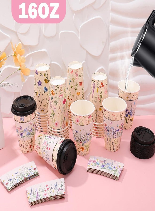 Ovveroche 50 Pack 16Oz Vintage Floral Disposable Coffee Cups with Lids and Sleeves Flower To Go Coffee Spring Paper Cups for Tea Party Birthday Weddings Baby Shower - Image 5