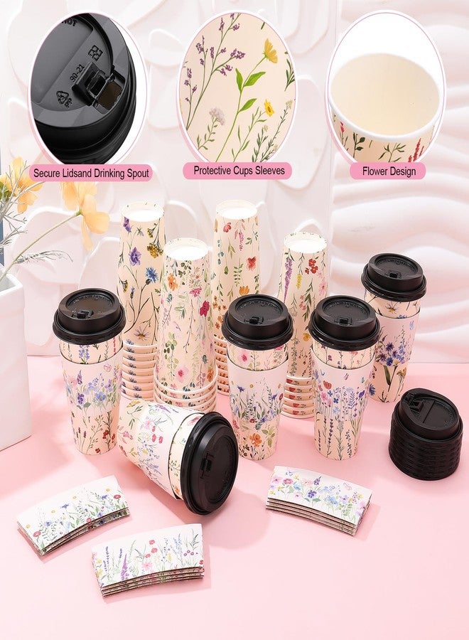 Ovveroche 50 Pack 16Oz Vintage Floral Disposable Coffee Cups with Lids and Sleeves Flower To Go Coffee Spring Paper Cups for Tea Party Birthday Weddings Baby Shower - Image 4