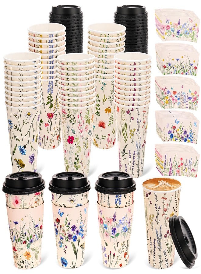 Ovveroche 50 Pack 16Oz Vintage Floral Disposable Coffee Cups with Lids and Sleeves Flower To Go Coffee Spring Paper Cups for Tea Party Birthday Weddings Baby Shower - Image 1