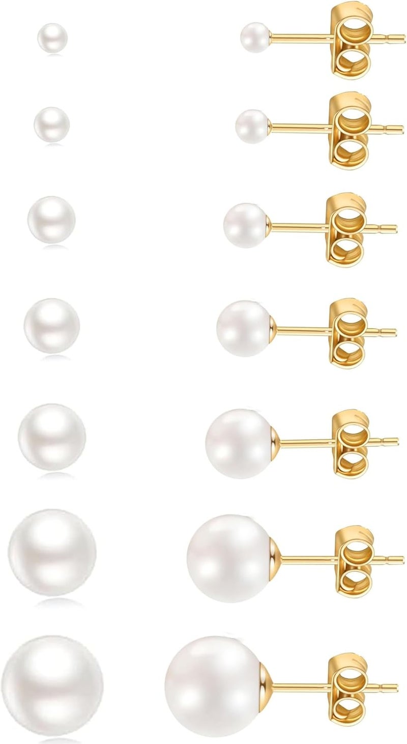 showself 14K Gold Filled Polished Small CZ Pearl Ball Stud Earrings Set for Women Men 20G Surgical Steel Hypoallergenic Piercing Studs for Sensitive Ear, Pack of 6 Pairs - Image 1