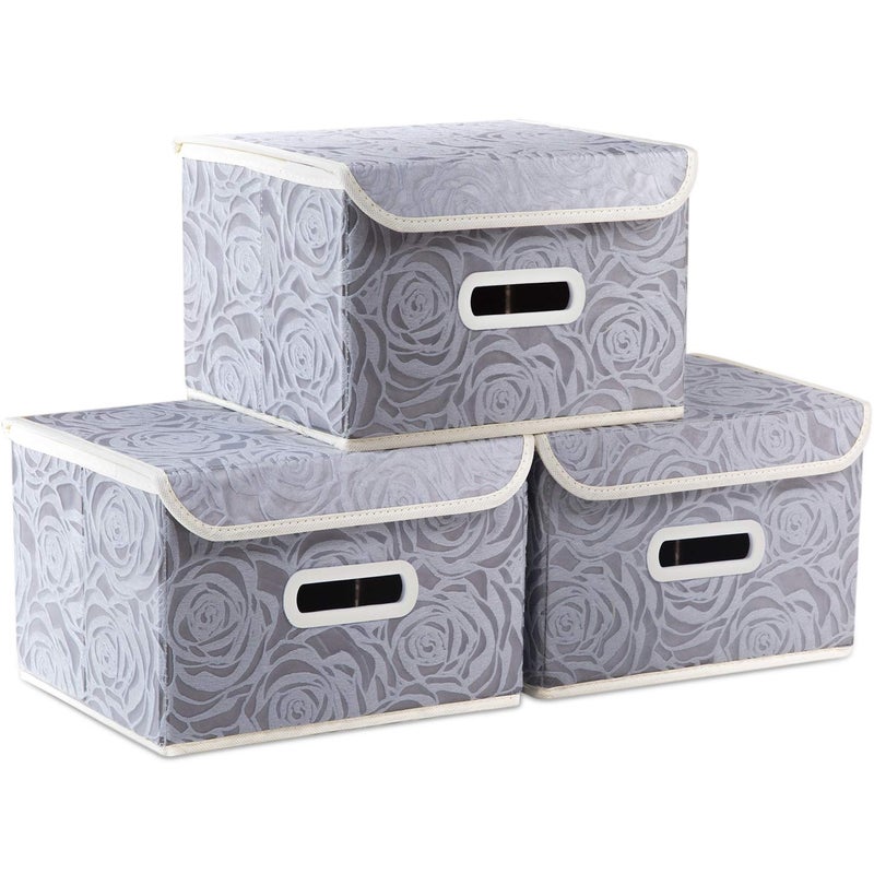 PRANDOM Collapsible Storage Boxes with Lids Fabric Decorative Storage Bins Cubes Organizer Containers Baskets with Cover Handles Divider for Bedroom Closet Living Room 98x79x67 Inch 3 Pack