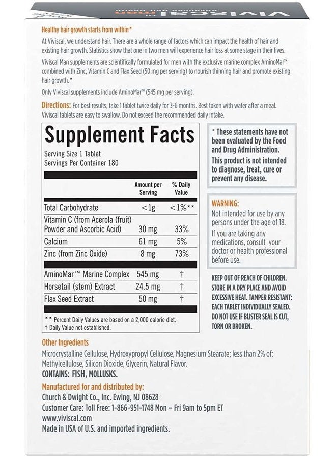 Viviscal Men's Hair Growth Supplements for Thicker, Fuller Hair Clinically Proven with Proprietary Collagen Complex 180 Tablets - 3 Month Supply  - Image 2