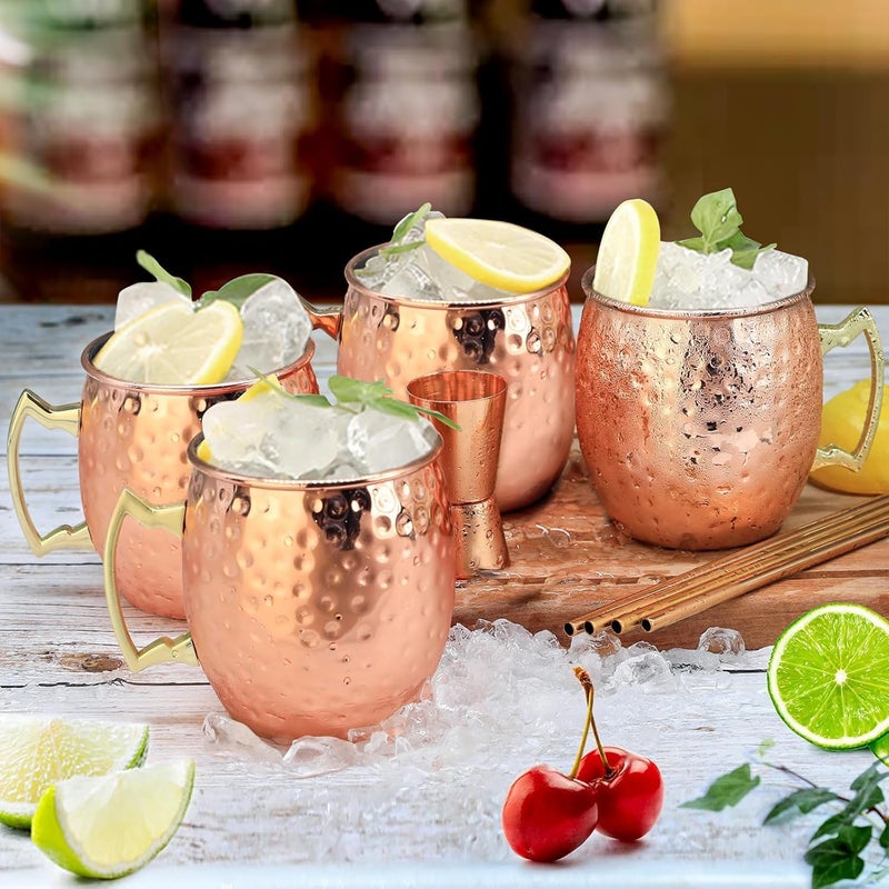 SuproBarware Moscow Mule Mugs Copper Mule Cup Kit 18oz Set of 4 with Handle Large Copper Hammered Plating Cups with 0.5oz Double Jigger, Stainless Steel Straws, Spoon for Cold Drinks Cocktails Wine - Image 2