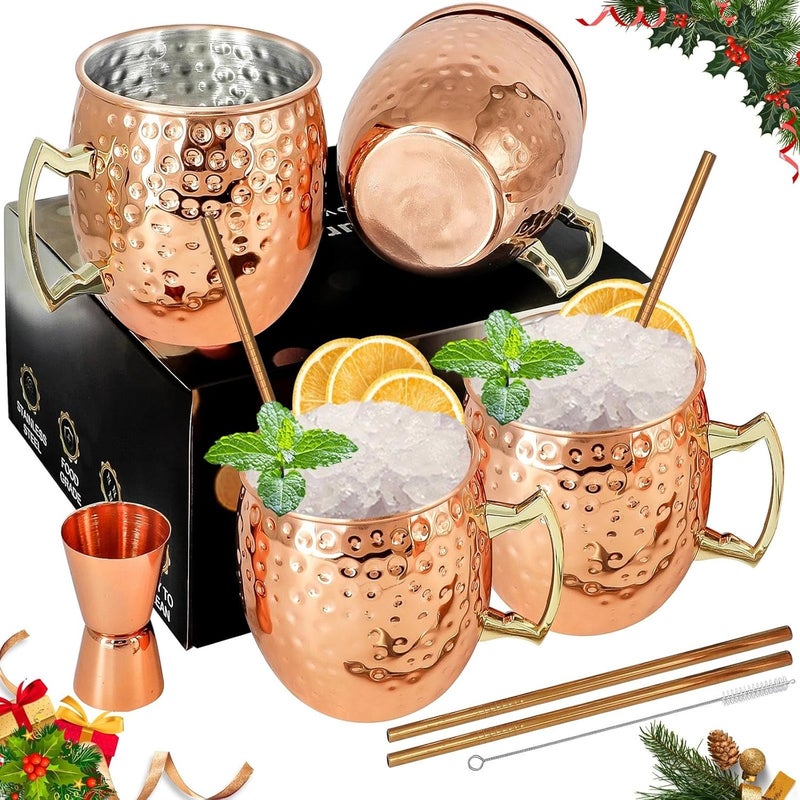SuproBarware Moscow Mule Mugs Copper Mule Cup Kit 18oz Set of 4 with Handle Large Copper Hammered Plating Cups with 0.5oz Double Jigger, Stainless Steel Straws, Spoon for Cold Drinks Cocktails Wine - Image 1