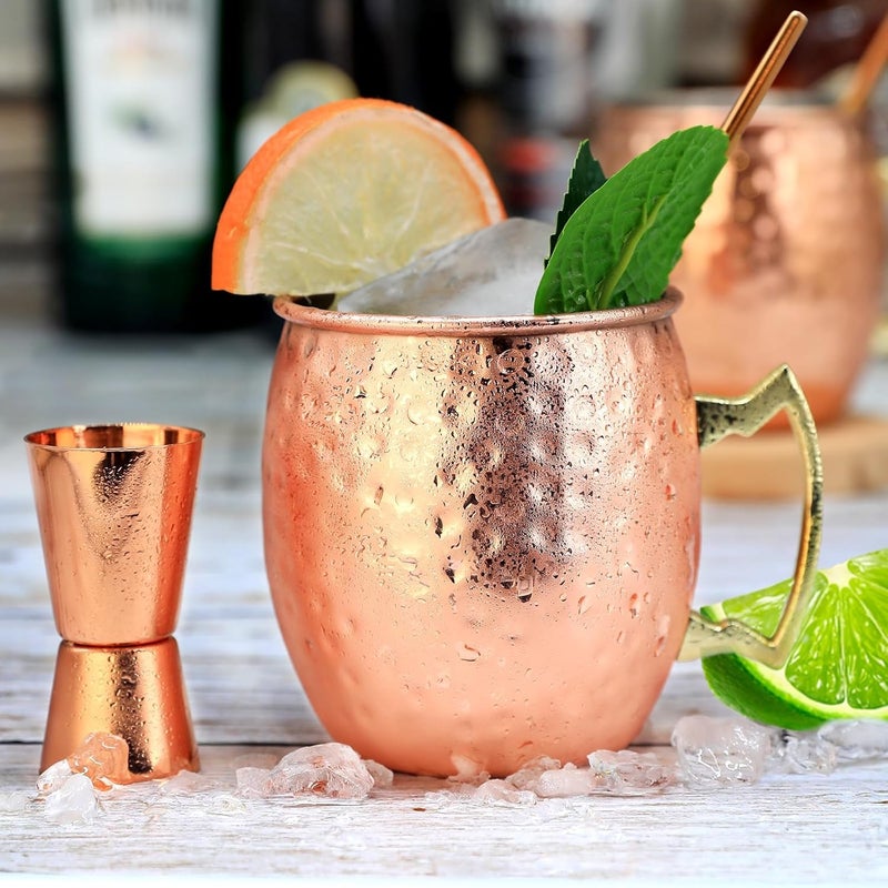SuproBarware Moscow Mule Mugs Copper Mule Cup Kit 18oz Set of 4 with Handle Large Copper Hammered Plating Cups with 0.5oz Double Jigger, Stainless Steel Straws, Spoon for Cold Drinks Cocktails Wine - Image 4
