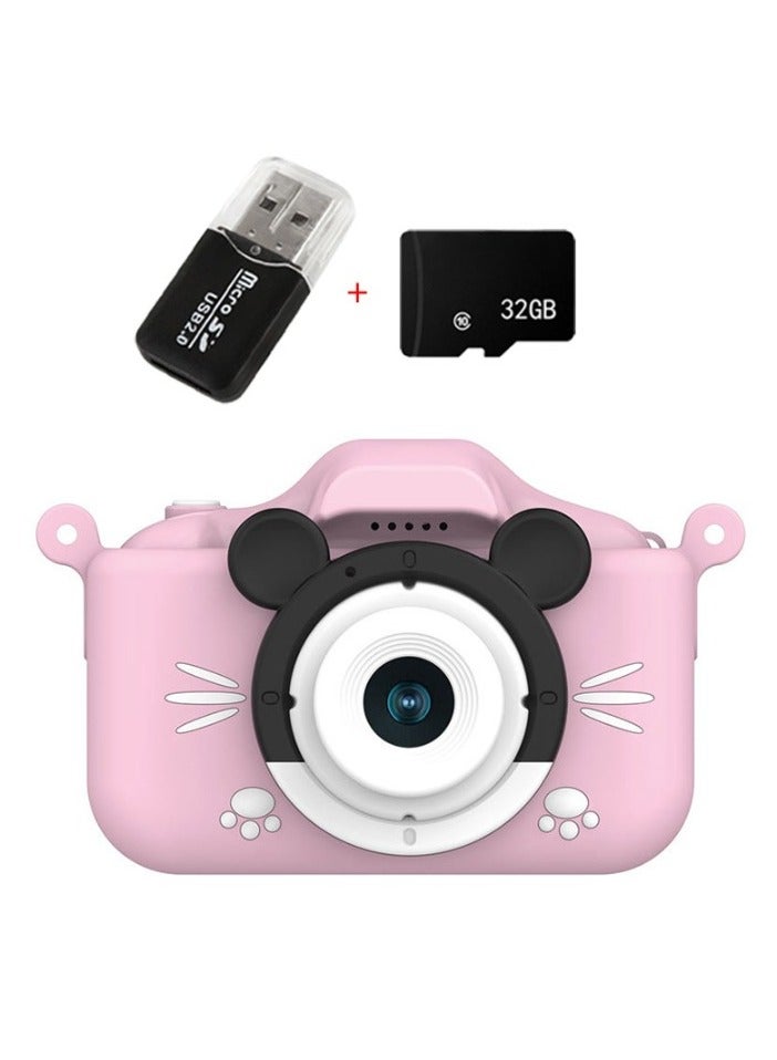 AROAQ Children's Camera Toy, HD 1080p Shockproof Children Video Camera, Portable Camera Toy, Multiple Functions Digital Camera,(Mickey Mouse pink dual lens + 32G full capacity card + card reader)  - Image 1