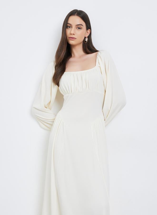 Take Two Beige Balloon Sleeve A-Line Midi Dress - Image 3