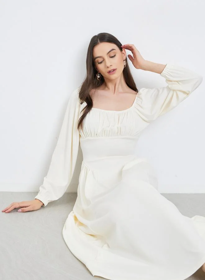 Take Two Take Two Beige Balloon Sleeve A-Line Midi Dress