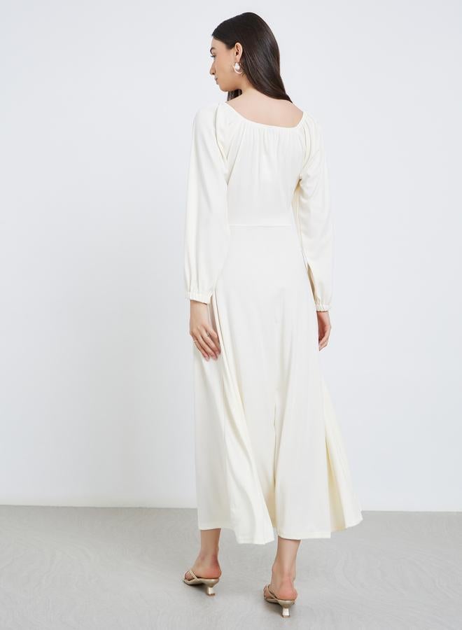 Take Two Beige Balloon Sleeve A-Line Midi Dress - Image 4