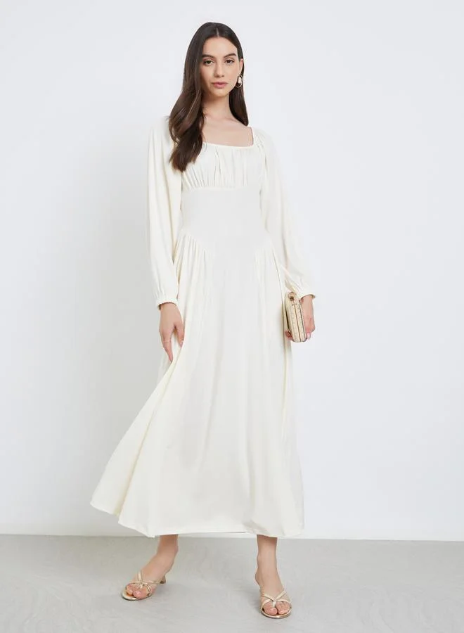 Take Two Take Two Beige Balloon Sleeve A-Line Midi Dress
