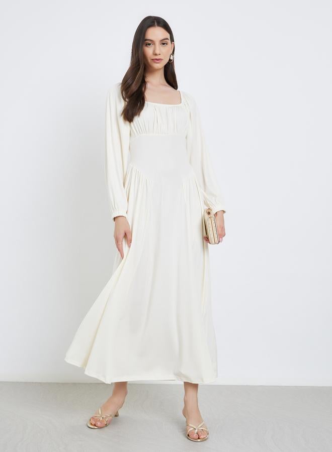Take Two Beige Balloon Sleeve A-Line Midi Dress - Image 2