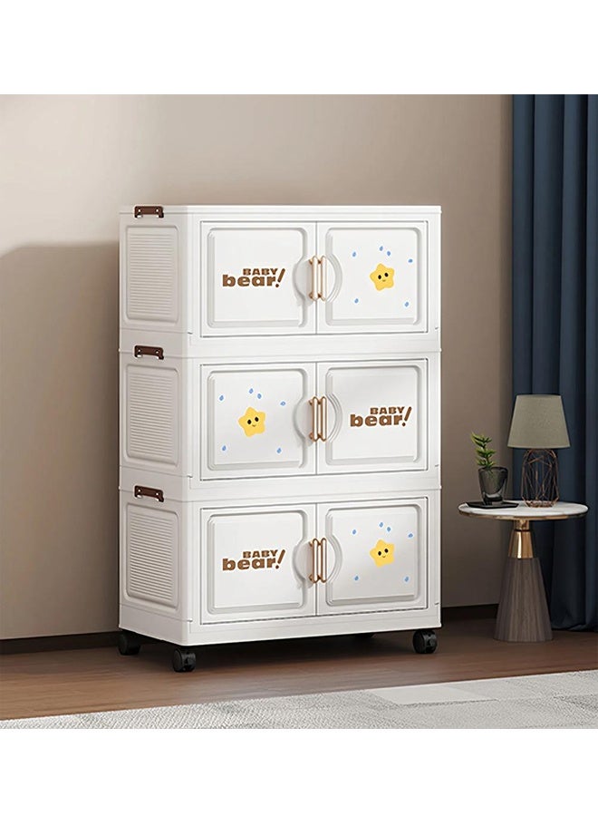 3 Layer Foldable Plastic Storage Cabinet With Doors And Wheels Baby Bear Design Dustproof Organizer - 100X68X36.5 CM - Image 2