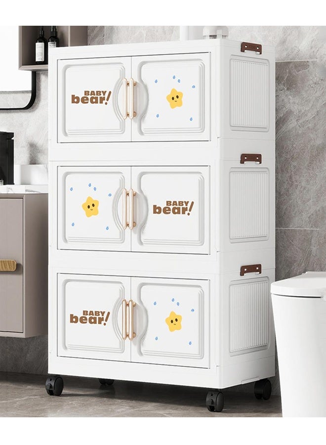 3 Layer Foldable Plastic Storage Cabinet With Doors And Wheels Baby Bear Design Dustproof Organizer - 100X68X36.5 CM - Image 1