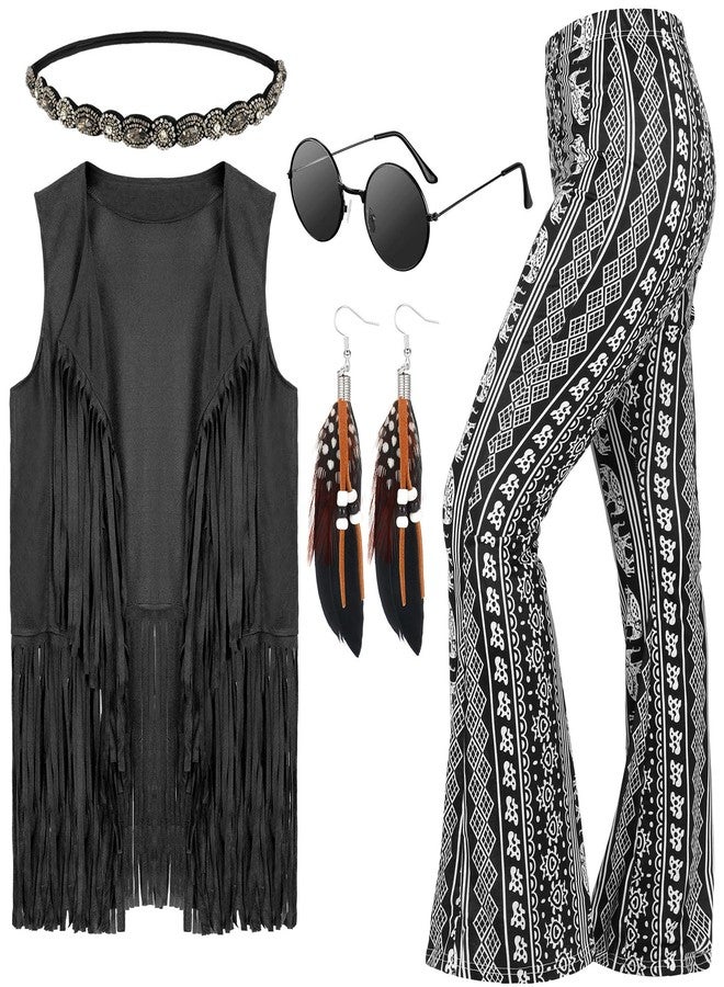 Leumoi 5 Pcs 60s 70s Costume for Women Disco Outfits Hippie Accessories Fringe Vest Boho Flared Pants Set for Carnival(Small,Classic) - Image 1