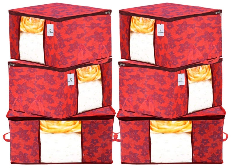 Kuber Industries Kuber Industries Metalic Printed 6 Pieces Non Woven Fabric Underbed Storage Bag Cloth Organiser Blanket Cover with Transparent Window RedKUBMART2914  - Image 1