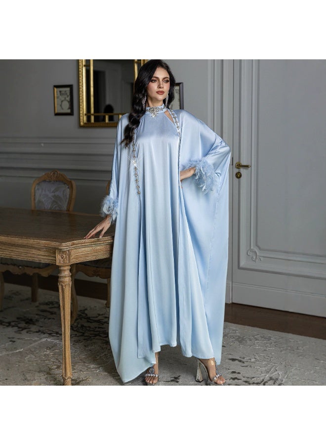Women 2 Piece Satin Abaya Set Rhinestone Trim Feather Cuff Kimono Sleeve Halter Inner Maxi Dress - Image 1