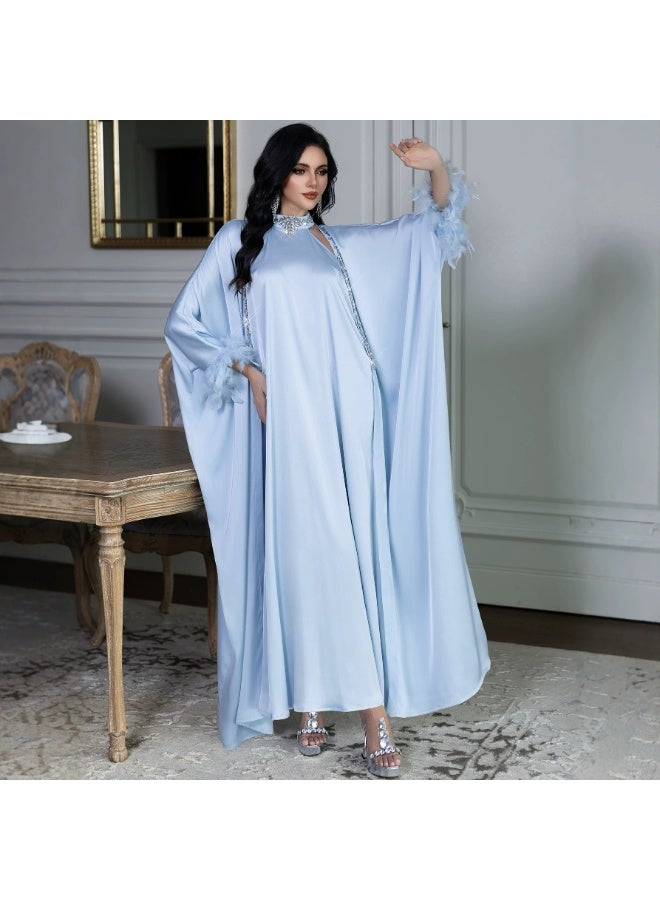 Women 2 Piece Satin Abaya Set Rhinestone Trim Feather Cuff Kimono Sleeve Halter Inner Maxi Dress - Image 3