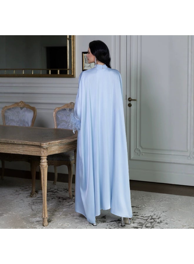 Women 2 Piece Satin Abaya Set Rhinestone Trim Feather Cuff Kimono Sleeve Halter Inner Maxi Dress - Image 2