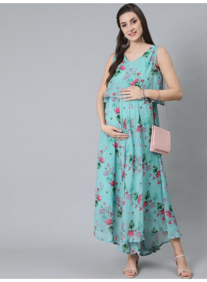 AKS Blue & Pink Floral Printed Maternity Maxi Dress - Image 1