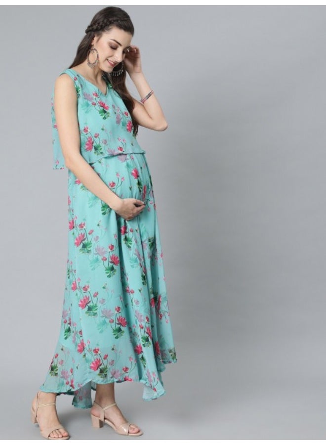 AKS Blue & Pink Floral Printed Maternity Maxi Dress - Image 3