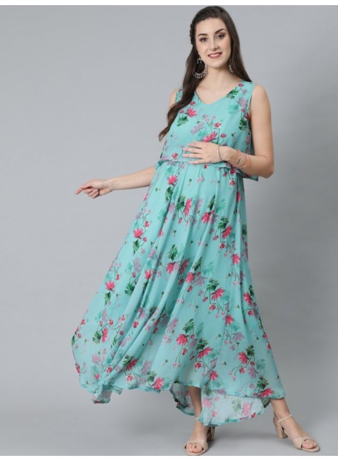 AKS Blue & Pink Floral Printed Maternity Maxi Dress - Image 4