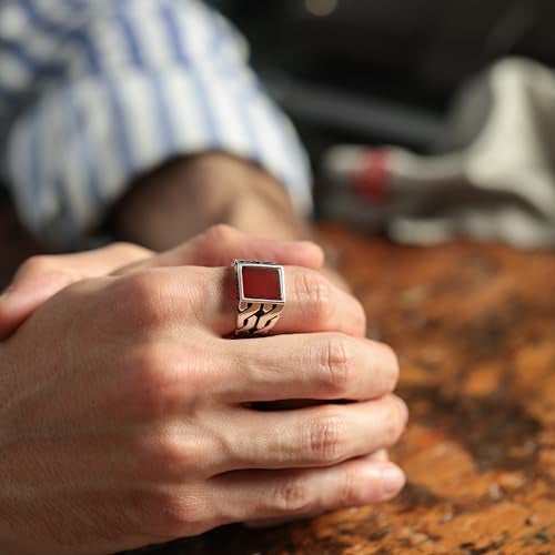 Babylon Silver Men's Red Agate Ring in Solid Genuine 925 Sterling Silver Handmade Cuban Link Chain Motif Braided Ring (Red Agate, 8) - Image 3
