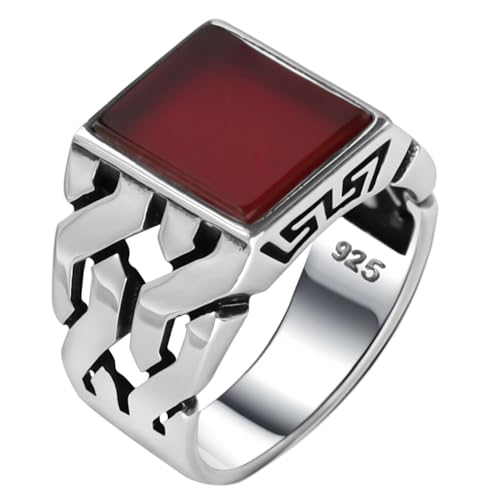 Babylon Silver Men's Red Agate Ring in Solid Genuine 925 Sterling Silver Handmade Cuban Link Chain Motif Braided Ring (Red Agate, 8) - Image 1