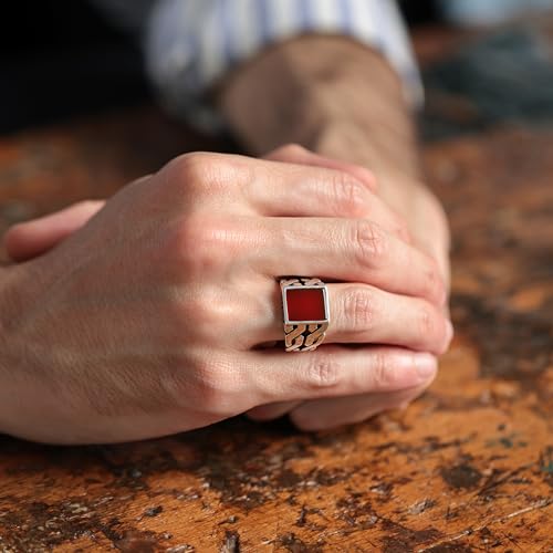 Babylon Silver Men's Red Agate Ring in Solid Genuine 925 Sterling Silver Handmade Cuban Link Chain Motif Braided Ring (Red Agate, 8) - Image 4