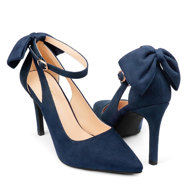 COLETER Womens Bow Knot High Heels Pointed Toe Stiletto Ankle Strap D'Orsay Pumps Bow Evening Dress Shoes Suede Navy Blue 9US - Image 1