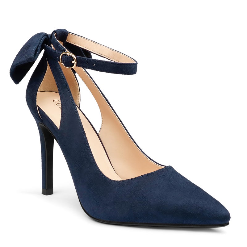 COLETER Womens Bow Knot High Heels Pointed Toe Stiletto Ankle Strap D'Orsay Pumps Bow Evening Dress Shoes Suede Navy Blue 9US - Image 4