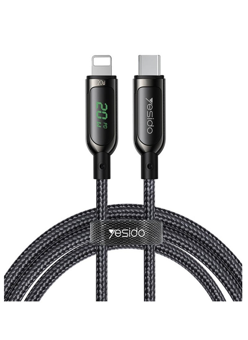 Yesido Yesido CA86 20W Fast Charging Led Digital Display Nylon Braided Zinc Alloy Type-C To Lightning Data Cable - Black  - Image 1