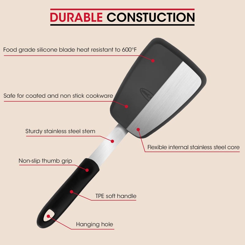 Unicook 2 Pack Flexible Silicone Spatula, Turner, 600F Heat Resistant, Ideal for Flipping Eggs, Burgers, Crepes and More, Black - Image 2