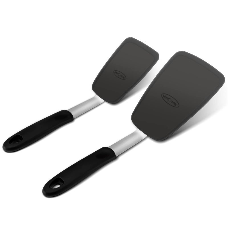 Unicook 2 Pack Flexible Silicone Spatula, Turner, 600F Heat Resistant, Ideal for Flipping Eggs, Burgers, Crepes and More, Black - Image 1
