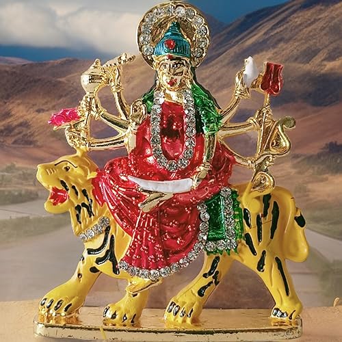 BEXCO Goddess Vaishno Devi MATA Maa Durga Sherawali MATA Idol on Lion Metal Statue for Car Dashboard for Home Decor (Multicolour) - Image 1