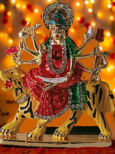 BEXCO Goddess Vaishno Devi MATA Maa Durga Sherawali MATA Idol on Lion Metal Statue for Car Dashboard for Home Decor (Multicolour) - Image 5