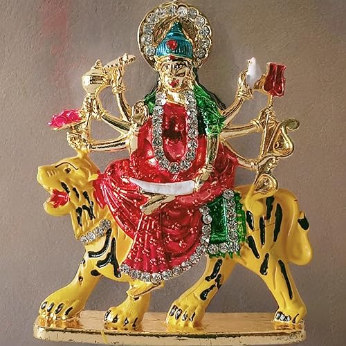 BEXCO Goddess Vaishno Devi MATA Maa Durga Sherawali MATA Idol on Lion Metal Statue for Car Dashboard for Home Decor (Multicolour) - Image 3