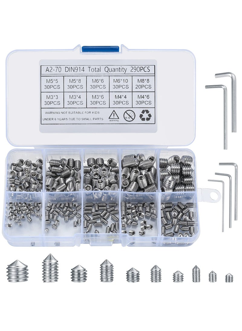 Generic - Stainless Steel Grub Cone Point Hex Socket Screws Set, 290 Pcs Metric Thread Allen Key Cup Screw Set with M3 M4 M5 M6 M8 for Door Handles Faucet Light Fixture - Image 1