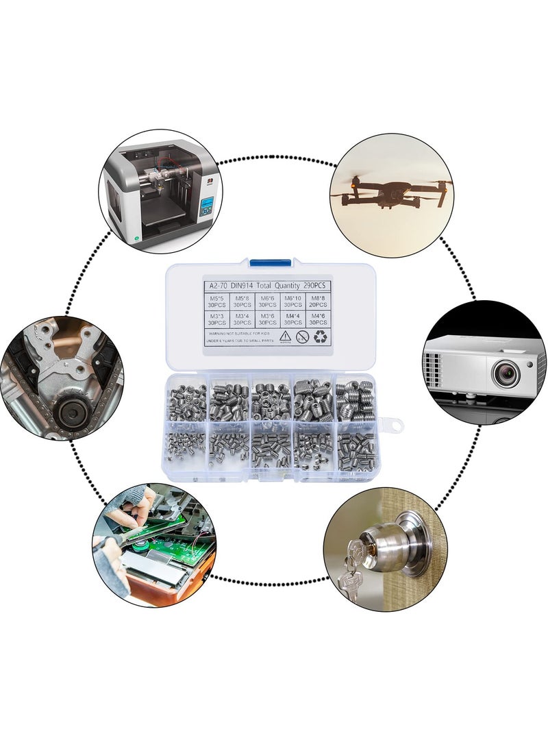 Generic - Stainless Steel Grub Cone Point Hex Socket Screws Set, 290 Pcs Metric Thread Allen Key Cup Screw Set with M3 M4 M5 M6 M8 for Door Handles Faucet Light Fixture - Image 1