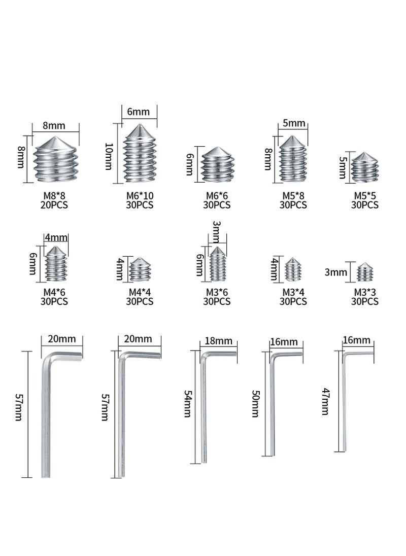 Generic - Stainless Steel Grub Cone Point Hex Socket Screws Set, 290 Pcs Metric Thread Allen Key Cup Screw Set with M3 M4 M5 M6 M8 for Door Handles Faucet Light Fixture - Image 1