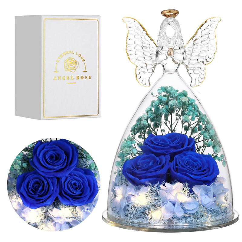 Tiaronics Mothers Day Mom Gifts for Women Preserved Flowers in Glass Angel Forever Flowers Gifts Eternal Roses Gifts for Grandma Dark Blue