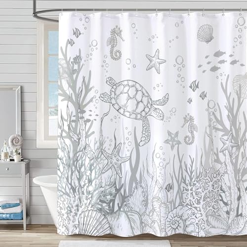 Lifeella Nautical Coastal Turtle Shower Curtain, Coral Starfish Seashell Ocean Themed Bathroom Curtain, Underwater Seahorse Bathroom Decor Grey 72 x 72 inch - Image 1