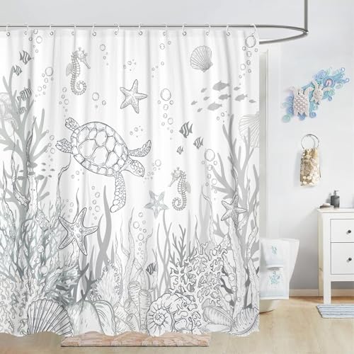 Lifeella Nautical Coastal Turtle Shower Curtain, Coral Starfish Seashell Ocean Themed Bathroom Curtain, Underwater Seahorse Bathroom Decor Grey 72 x 72 inch - Image 4